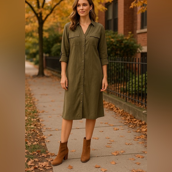 Calvin Klein Olive Green Linen Blend Button-Down Shirt Dress Women’s Size 12 - Picture 1 of 9